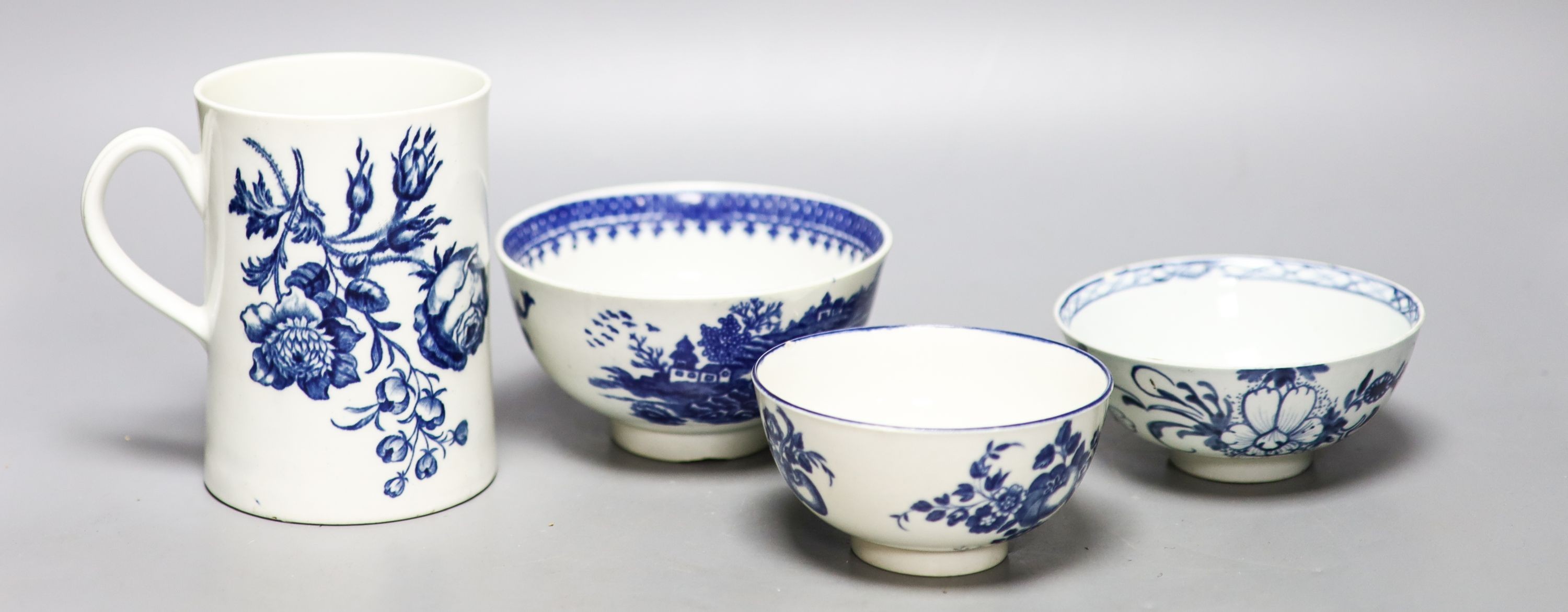 A Worcester mug and two bowls and a Phillip Christian Liverpool bowl, c.1770-80, Mug 12cm